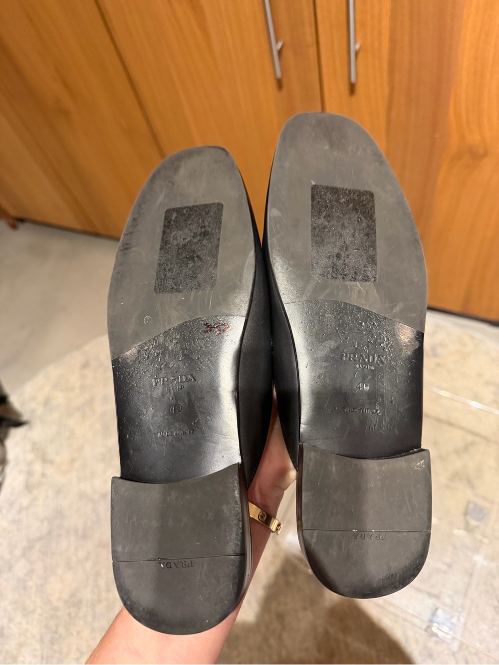 Prada Black Leather Backless Loafer Mule with Gold Triangle Hardware - Picture 13 of 13